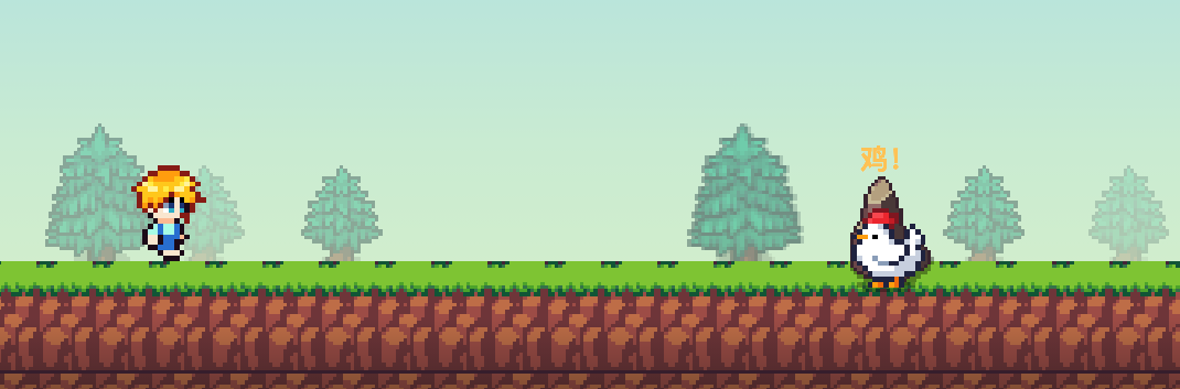 Gameplay screenshot: pixel-art Alex running across a grassy side-scrolling level toward a chicken